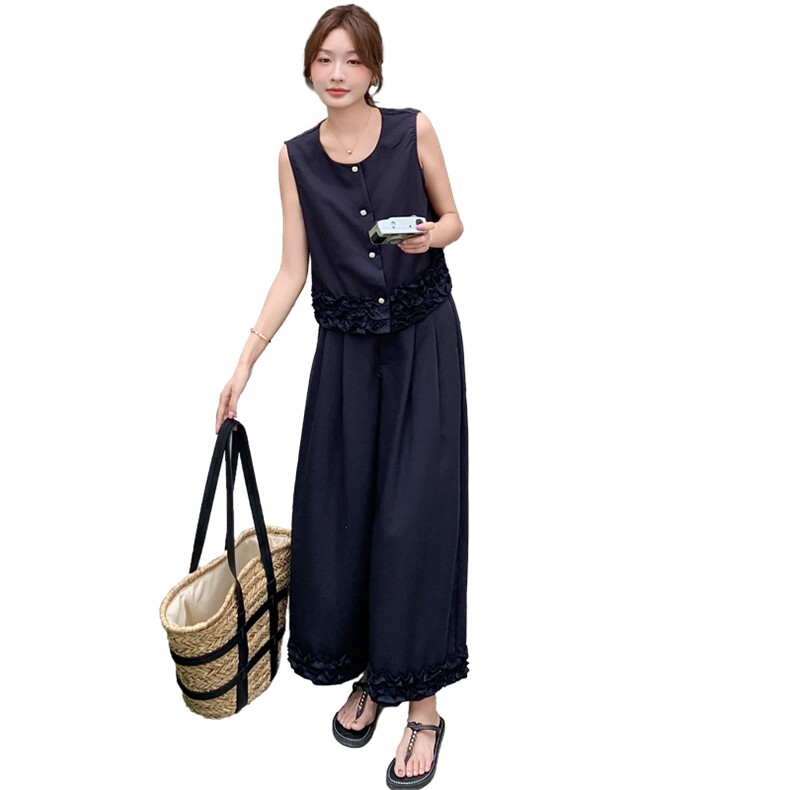 藏青色盐系木耳边套装女2025年夏季新款气质通勤马甲阔腿裤两件套,女装套装/套裙,纯色衣恋