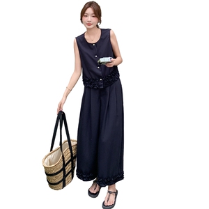 藏青色盐系木耳边套装女2025年夏季新款气质通勤马甲阔腿裤两件套图片