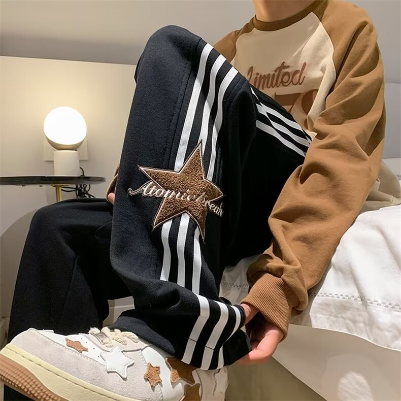 裤子男夏季条纹撞色拼接阔腿运动卫裤青少年潮牌宽松直筒休闲长裤，男装休闲裤，星座1210-1