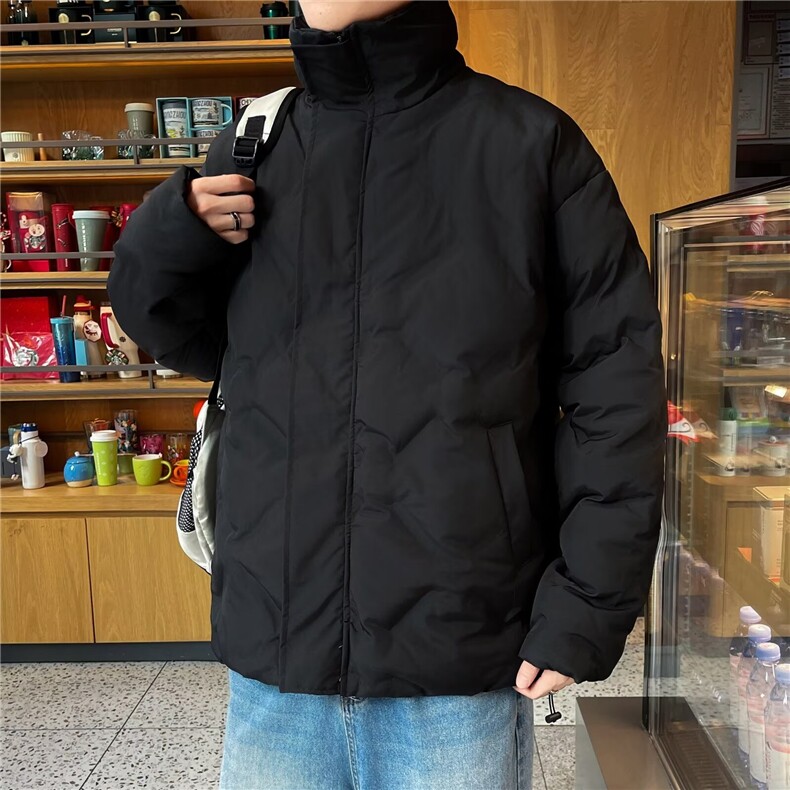 黑色菱形格美式羽绒棉服男冬季痞帅炸街纯色外套立领短款面包服,男装棉衣,星座506