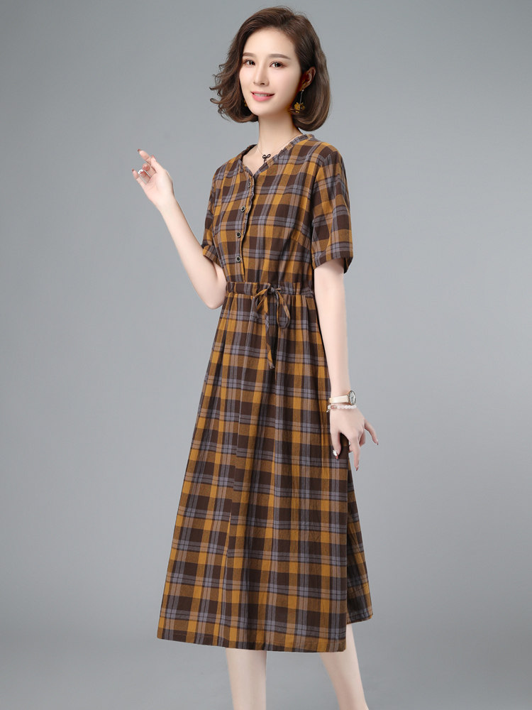 2023年夏季新款潮韩版休闲时尚格子短袖连衣裙女中长款小个子女夏,女装连衣裙,简韵佳