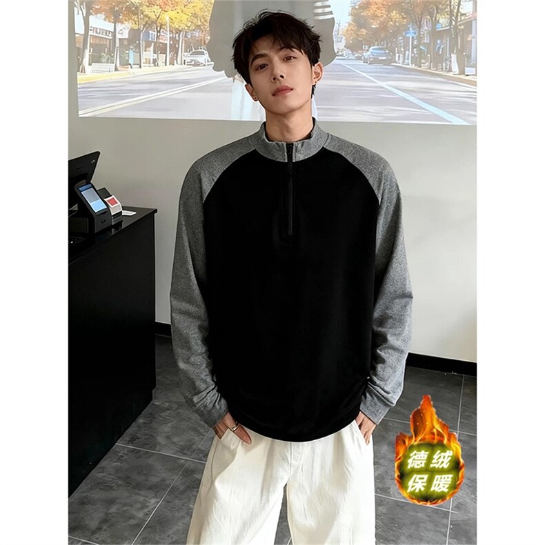 半拉链德绒撞色长袖t恤男新款休闲大码男生打底衫上衣TXYT17图片