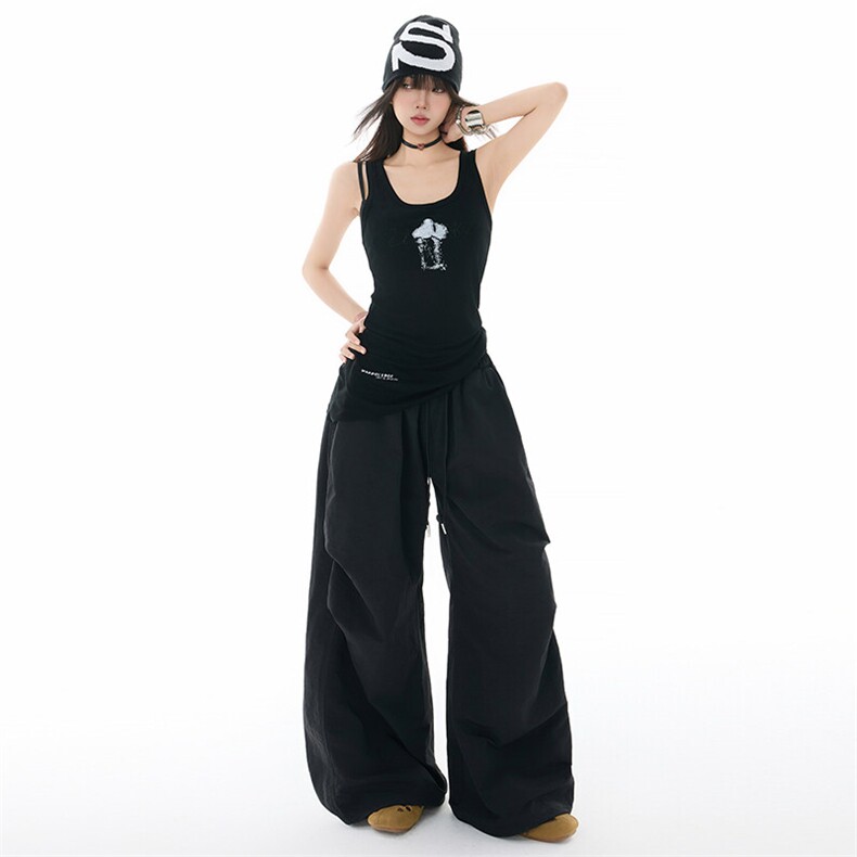 美式叠穿屁帘设计褶皱伞兵裤男女夏季假两件宽松阔腿裤YD9047-P80,男装休闲裤,星座509