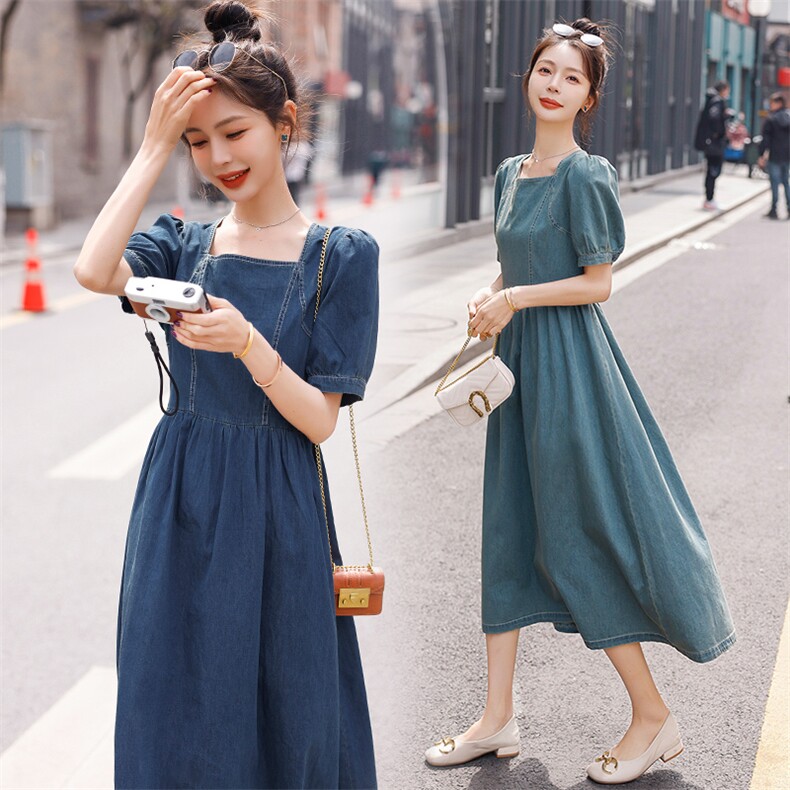 2023现货牛仔连衣裙韩版夏装修身气质长款连衣裙，女装连衣裙，钱塘布衣