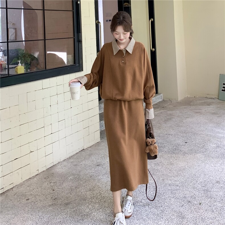 休闲减龄咖色格纹拼接卫衣半身裙套装女春秋大方得体两件套巨好看,女装套装/套裙,2C273