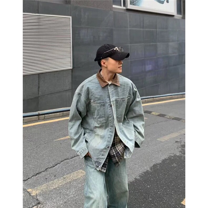 W533-P78 复古pu皮拼接牛仔外套男女春秋冬街头宽松翻领工装夹克图片