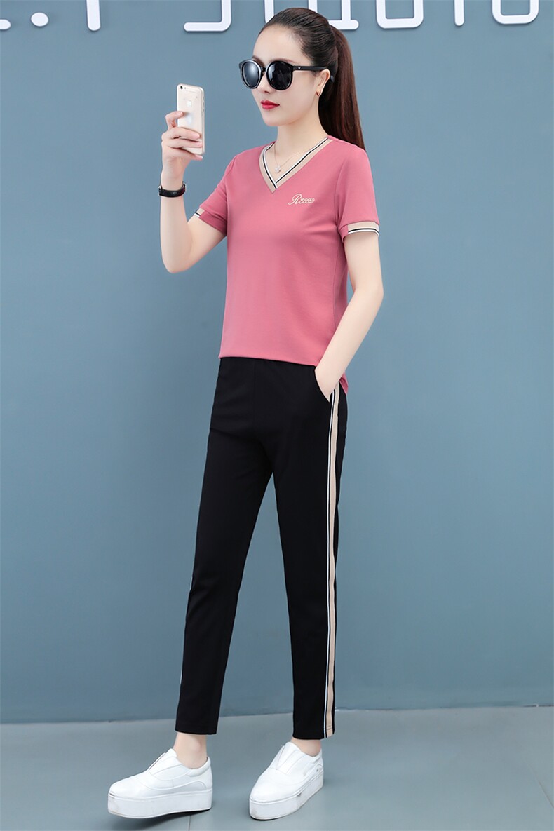 休闲运动套装女夏2023新款韩版时尚短袖七分裤两件套洋气跑步服潮,女装套装/套裙,燕颉服饰