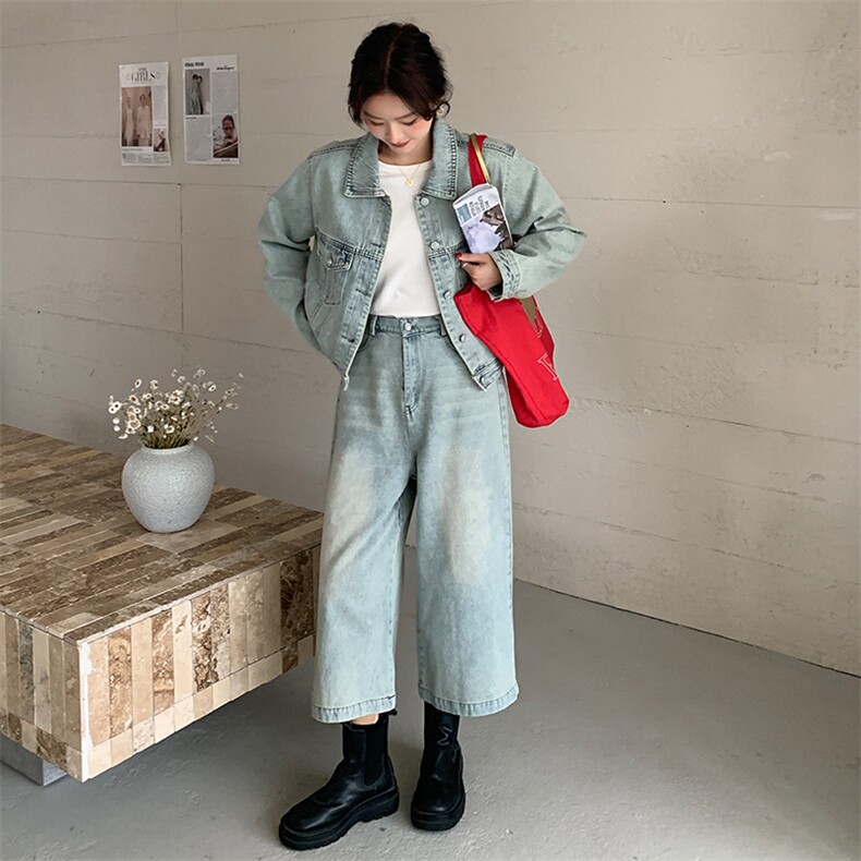 浅蓝色复古牛仔套装女2025春新款甜酷风时尚外套七分阔腿裤两件套,女装套装/套裙,浙宝305
