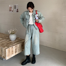 浅蓝色复古牛仔套装女2025春新款甜酷风时尚外套七分阔腿裤两件套，女装套装/套裙，浙宝305