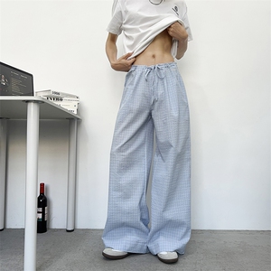 蓝色韩版木耳边格子休闲裤男女2026夏季新款直筒显瘦宽松阔腿裤图片