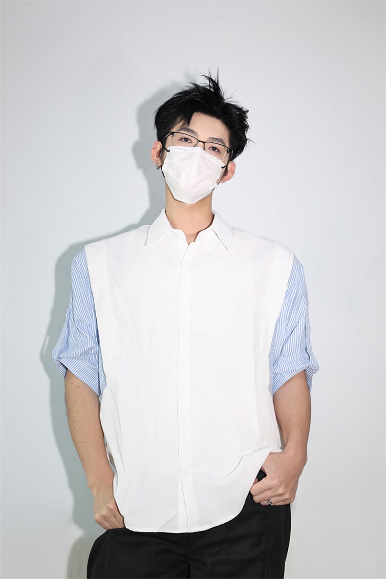 明星私服假两件宽松拼接飞肩设计感假两件条纹短袖衬衫卫衣特P39,男装衬衫,电商B319