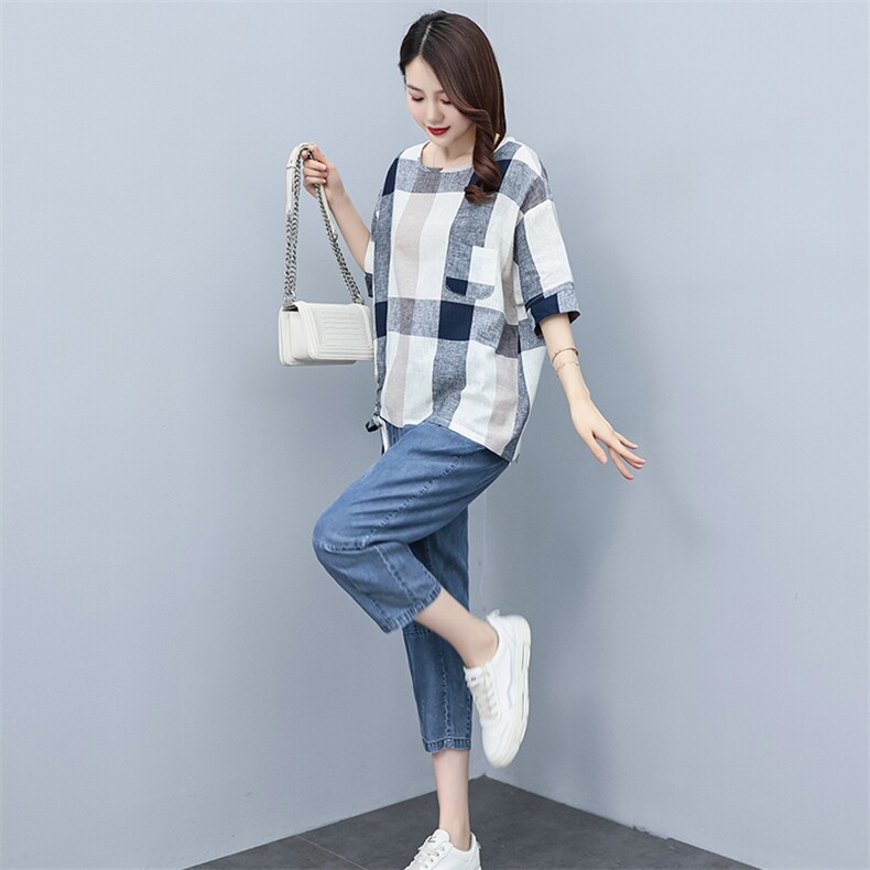 2023夏季棉麻格子时尚简约大方气质优雅休闲透气两件套,女装套装/套裙,独衣靓