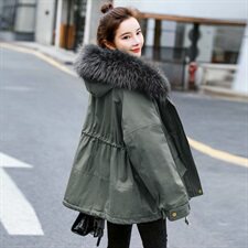 棉衣/棉服2021新款冬兔毛中长款工装带帽棉服女外套配毛领，女装派克服，瑶迪依秀