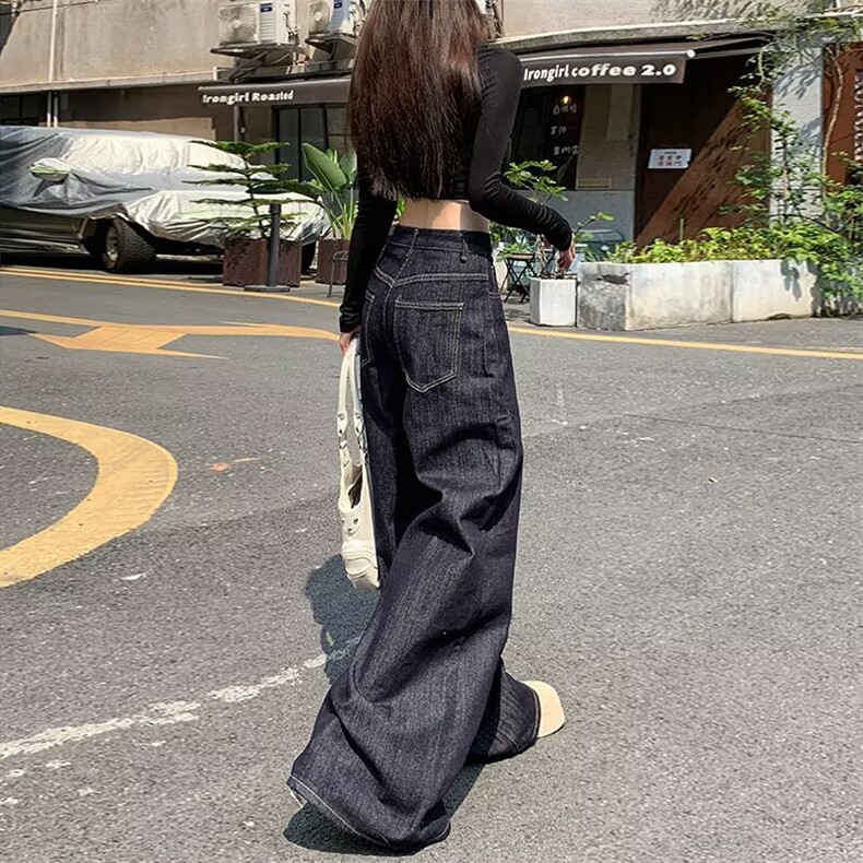 丹宁深蓝阔腿牛仔裤女冬新款显瘦垂感直筒拼接拖地裤子RK3280-P52,男装牛仔裤,星座412-3