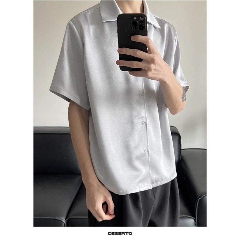 cleanfit夏季醋酸混纺冰丝垂坠雾面仿皮纹理短袖衬衫男衬衣 CS124图片