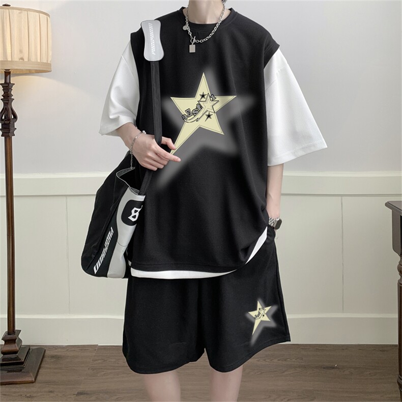 华夫格套装潮流休闲短袖短裤两件套FTZ3075-P55控78,男装牛仔裤,电商B370