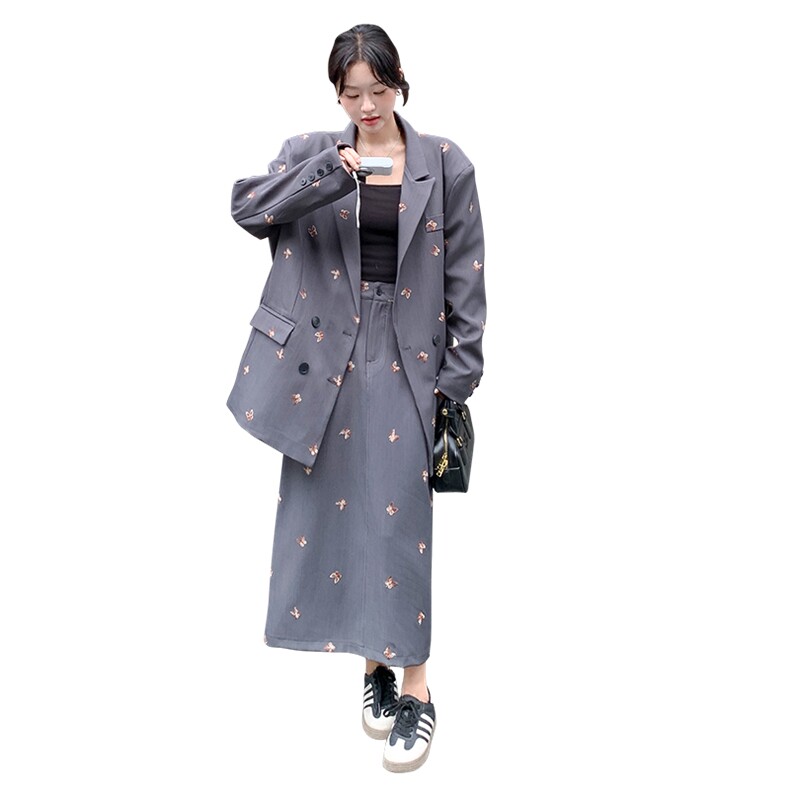 小众设计穿搭灰色西装外套配半身裙女春秋超火好看高级通勤风套装,女装套装/套裙,2C292