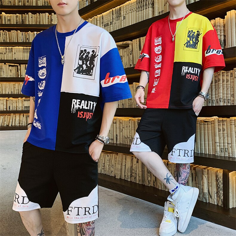 男士短袖t恤休闲套装宽松棉潮流半袖上衣服男夏季男装F155P55，男装套装，电商A086
