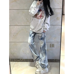 美式扎染牛仔裤设计感高街直筒宽松显瘦阔腿坠感长裤子图片