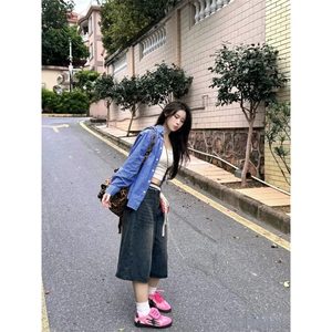 TC735-P45 韩系蓝色格子衬衫外套早秋穿搭学院风宽松叠穿打底外套图片