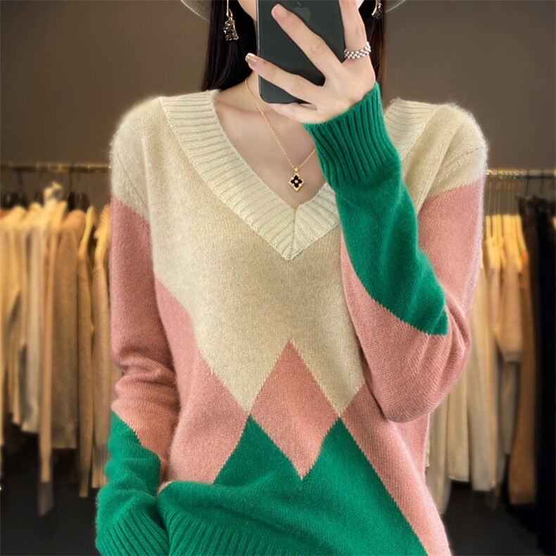秋冬新款V领100羊毛衫女长袖撞色套头毛衣宽松羊毛针织拼色打底衫，女装羊毛衫，琳华羊绒