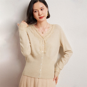 优雅女士V领蕾丝花边开衫 显瘦百搭时尚外套图片