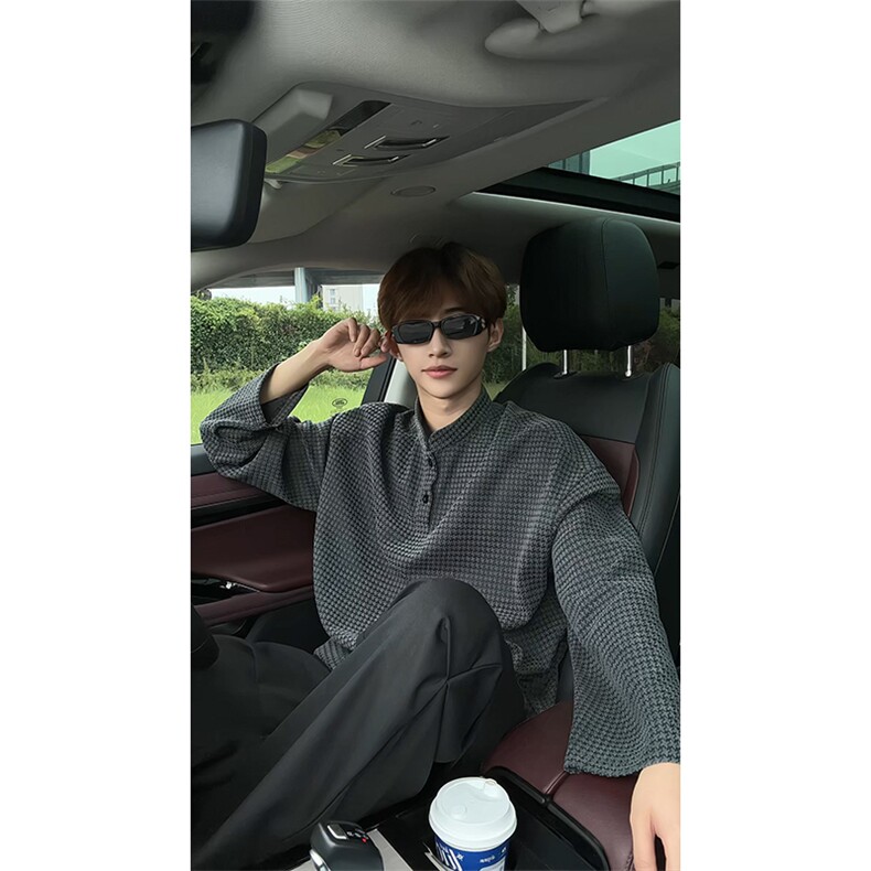 千鸟格亨利领潮流美式复古上衣休闲简约男女卫衣T3691-特价P24,男装卫衣,电商A007