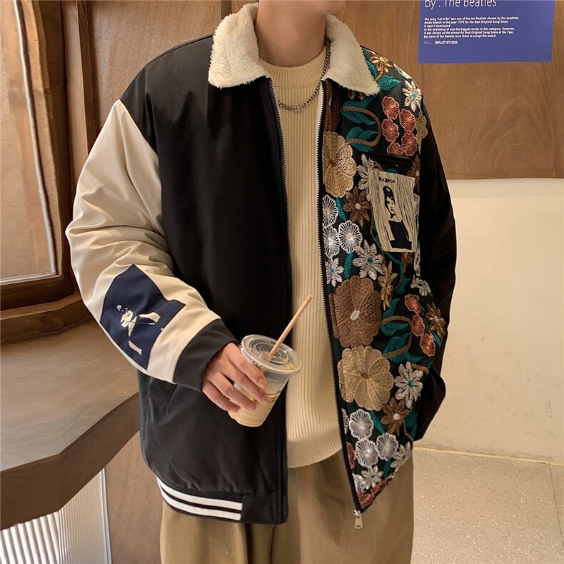 1港风外景刺绣拼接翻领羊羔毛大码M-5XL棉衣外套男8723P110控148，男装棉衣，星座226-2