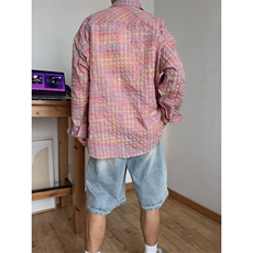 街头宽松廓形粉色格子衬衫男休闲衬衣情侣长袖外套潮GA155-P42，男装衬衫，星座208-5