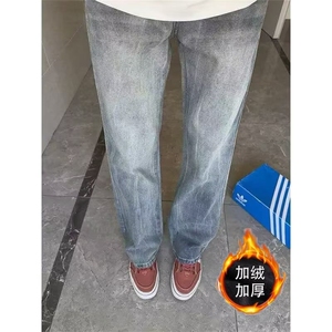 2025美式复古水洗做旧加绒牛仔裤男女直筒微喇显瘦cleanfit长裤子图片