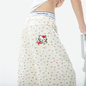 A165-K9006-P5579慵懒风牛仔裤阔腿裤碎花Kitty刺绣直筒长裤图片