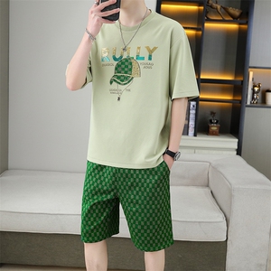 2025夏季新款时尚套装轻奢华夫格短裤男士圆领宽松潮流T恤两件套图片