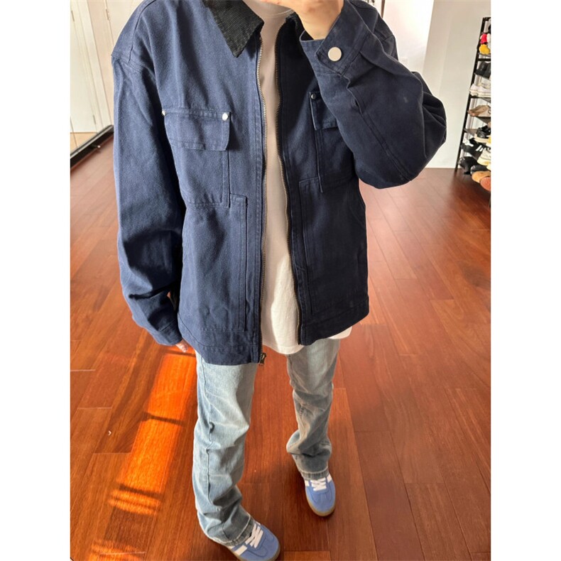 美式复古水洗帆布牛仔外套男秋季古着vintage底特律翻领工装夹克图片