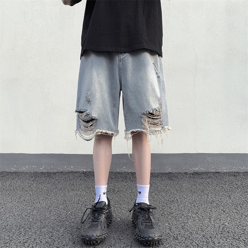 破洞男生百搭夏季撞色牛仔短裤高街D321-DK43-P50,男装牛仔裤,电商D321