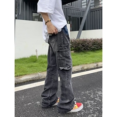 高街复古多口袋做旧拼接牛仔裤宽松直筒阔腿裤子K6085-P50网络图，男装牛仔裤，电商B245