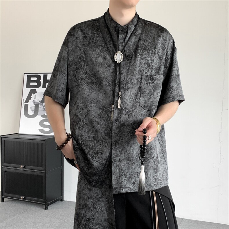 夏装2025日系复古新中式原创设计小众短袖衬衣大码上衣,男装T恤,星座909