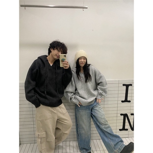 美式连帽针织衫外套男秋季潮牌花灰色情侣毛衣高街慵懒风百搭上衣图片