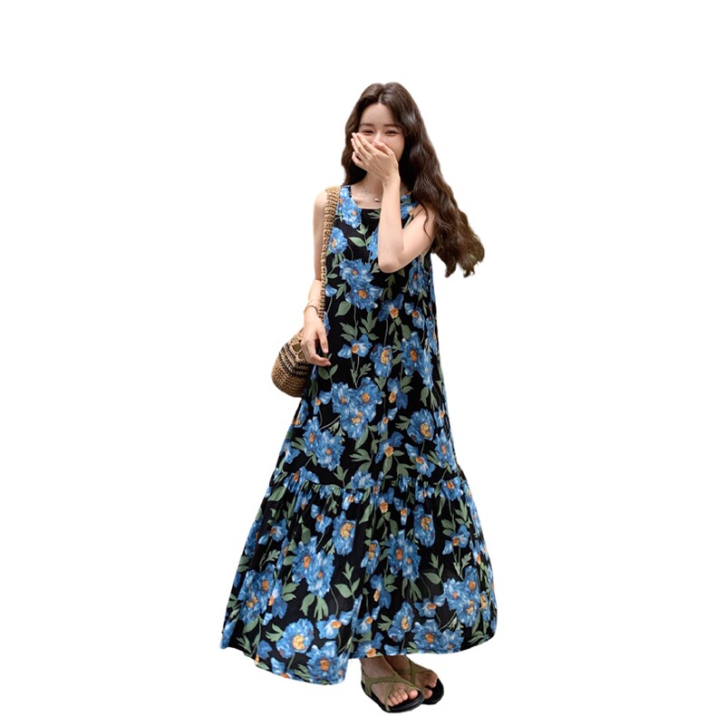 蓝色碎花无袖连衣裙女2025年夏季新款法式度假风气质绝美背心长裙,女装连衣裙,2C123