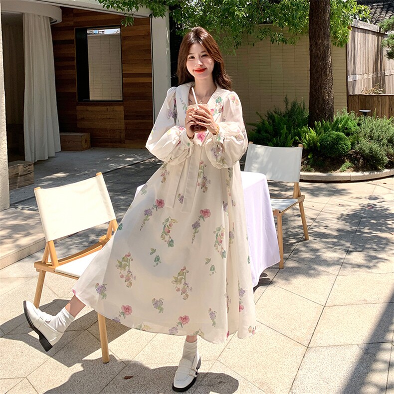 森系文艺风娃娃领白色碎花连衣裙女春秋超火好看氛围独特漂亮长裙,女装连衣裙,2C007