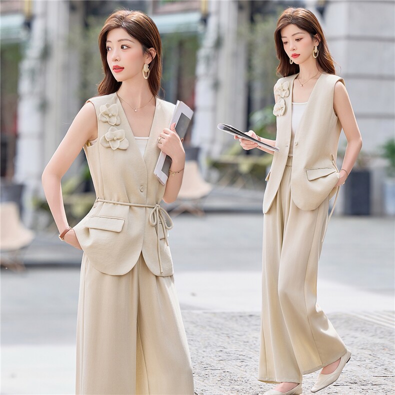 2026年夏季新潮无袖立体花优雅范女人味系腰带显瘦修身气质套装，女装套装/套裙，美沁