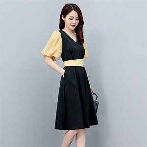 法式气质连衣裙女夏2022新款洋气减龄收腰显瘦拼接撞色中长款裙子图片