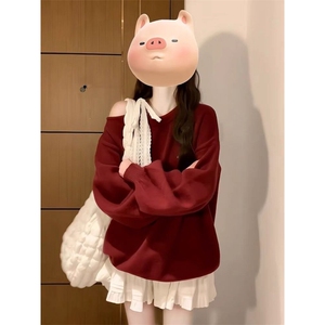 MM168-P70 美式甜辣露肩圣诞穿搭红色毛衣女秋冬宽松针织衫图片