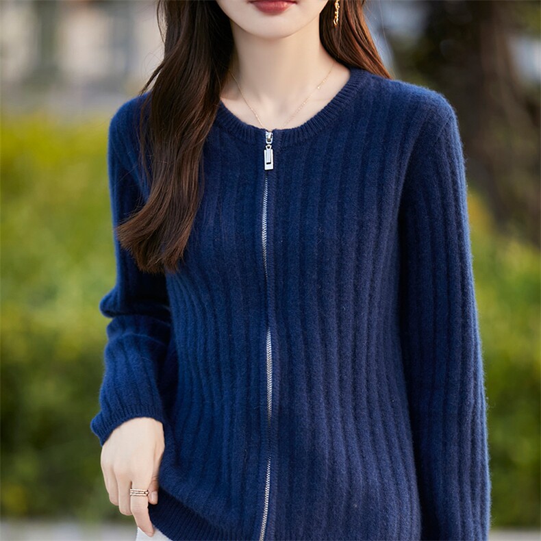 秋冬100%纯羊毛拉链开衫女圆领坑条外套毛衣宽松羊绒衫针织外搭，女装羊毛衫，吉高羊绒