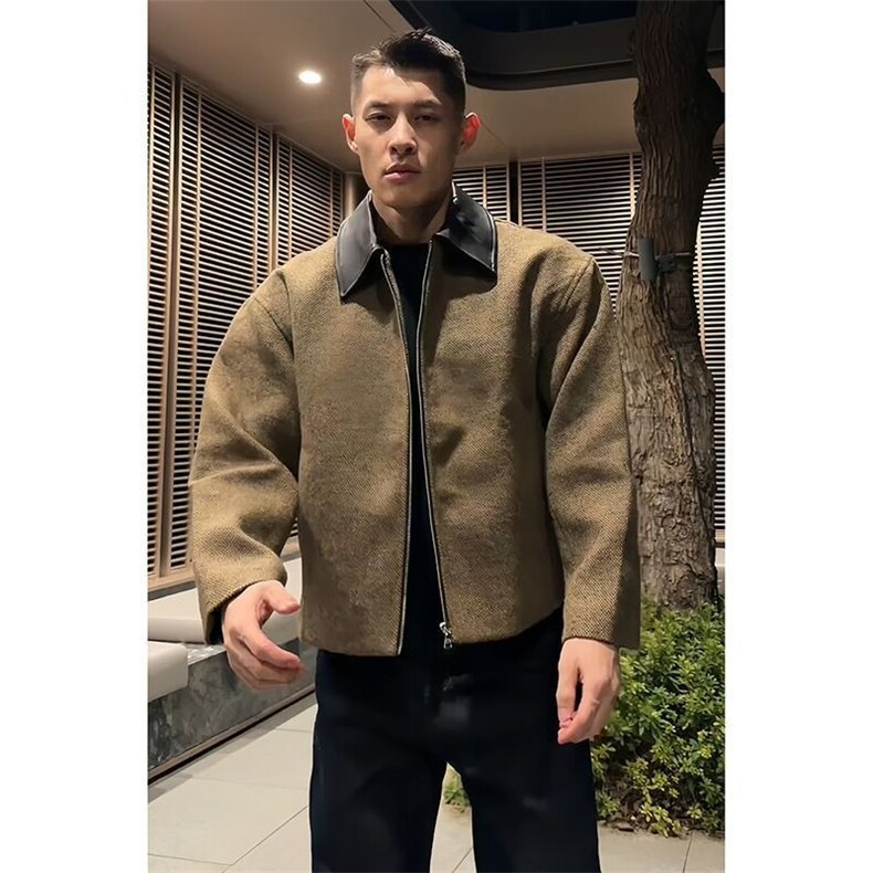 老钱风毛呢翻领拼接短款外套男秋冬季高级感boxy版型宽松正肩夹克，男装夹克，星座506A