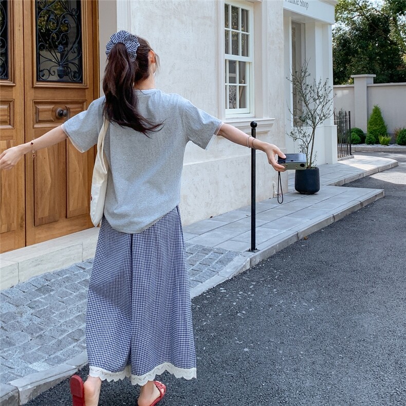 灰色格子花边阔腿裤两件套时尚套装女高腰显瘦一整套,女装套装/套裙,2C166
