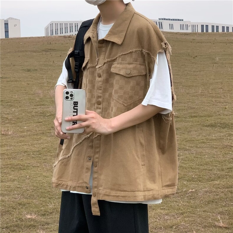 拼接格子牛仔马甲男高街潮牌宽松百搭背心外套8881P50,男装背心/马甲,星座410-2