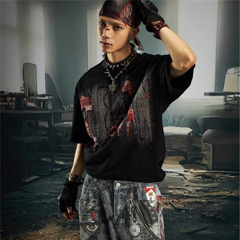 小众设计感贴布拼接短袖T恤夏季美式高街原创潮牌痞帅半袖体恤,男装T恤,星座506A