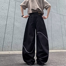 美式复古刺绣牛仔裤男女2025夏季街头中性风设计感刺绣阔腿拖地裤，男装牛仔裤，星座715-4