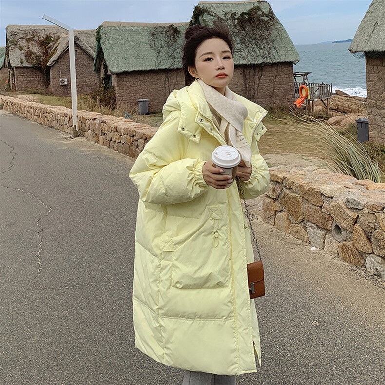 冬装奶黄色加厚中长款面包棉服,女装棉衣/棉服,菡迪欧娜