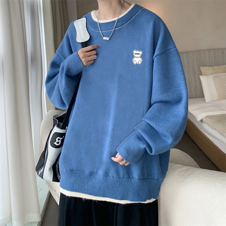 控78 假两件毛衣男大码加绒针织衫男毛线衣M80292-P55  加绒P70图片